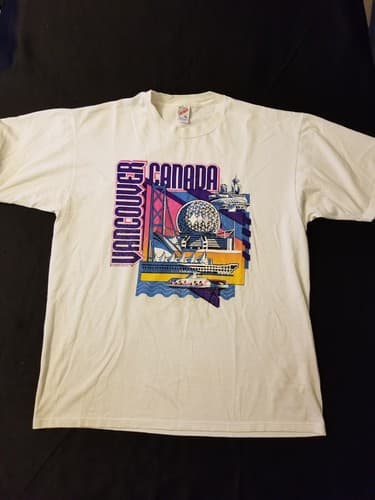 Vintage 90's Retro Vancouver Canada Mens XL White Shirt USA Jerzees Purple White - Image 1