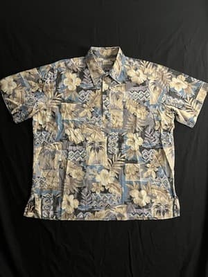 Reyn Spooner Blue Yellow Half Button Hawaiian Floral Popover Shirt Mens XL VTG - Thumbnail 5