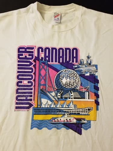 Vintage 90's Retro Vancouver Canada Mens XL White Shirt USA Jerzees Purple White - Thumbnail 3