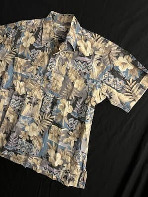 Reyn Spooner Blue Yellow Half Button Hawaiian Floral Popover Shirt Mens XL VTG - Thumbnail 3