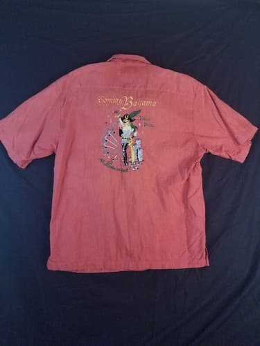 Tommy Bahama Embroidered Shirt Mens L Red Silk Short Sleeve Poker Girl Button Up - Image 1