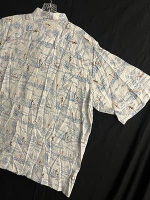 Reyn Spooner Rayon White Half 1/2 Button Hawaiian Surf Popover Shirt Mens XL VTG - Thumbnail 10
