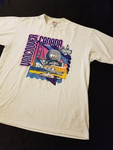 Vintage 90's Retro Vancouver Canada Mens XL White Shirt USA Jerzees Purple White - Thumbnail 2