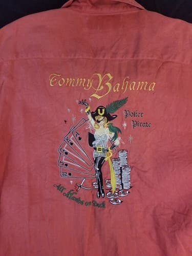 Tommy Bahama Embroidered Shirt Mens L Red Silk Short Sleeve Poker Girl Button Up - Thumbnail 2