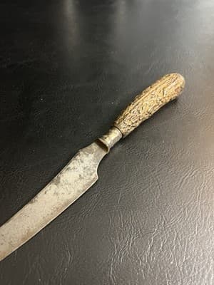 VTG Antique Large Carving Knife Stag Antler Handle Sheffield Banded Decoration - Thumbnail 3