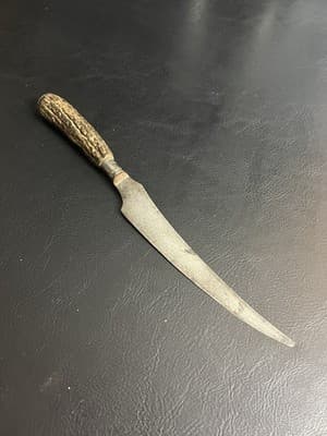 VTG Antique Large Carving Knife Stag Antler Handle Sheffield Banded Decoration - Thumbnail 4
