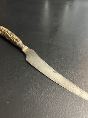 VTG Antique Large Carving Knife Stag Antler Handle Sheffield Banded Decoration - Thumbnail 6