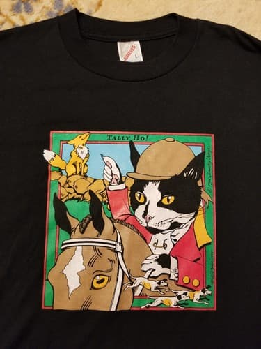 Rare Vtg 90s Tally Ho! Puss Boots Cat Horse Riding Portrait Shirt Black Mens L - Thumbnail 7