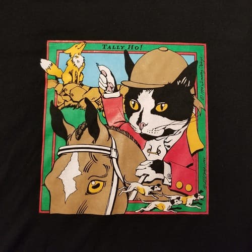 Rare Vtg 90s Tally Ho! Puss Boots Cat Horse Riding Portrait Shirt Black Mens L - Image 1
