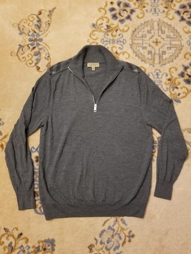Burberry Sweater Men XL Extra Fine Merino Wool 1/4 Zip Grey Nova Shoulder Patch - Image 1