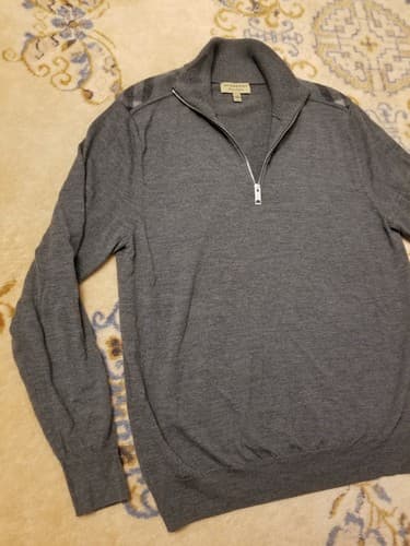 Burberry Sweater Men XL Extra Fine Merino Wool 1/4 Zip Grey Nova Shoulder Patch - Thumbnail 2