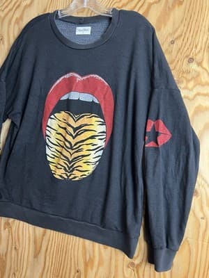 Lauren Moshi Tiger Tongue Distressed Sweatshirt Womens S Gray Black Long Sleeve - Thumbnail 2