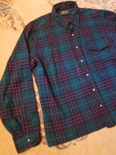 VINTAGE Pendleton Flannel Shirt Mens XL Green Red Plaid Button Wool 80s USA - Thumbnail 2
