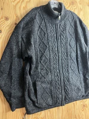 Aran Sweater Market Knit Lined Pure New Wool Zipper Knit Jacket Mens L - Thumbnail 2