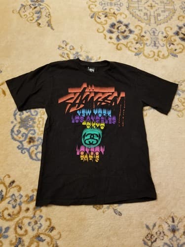 Vtg Stussy Jackpot Black Multi-Color World Tour Tee T-Shirt Mens Small Masterful - Image 1