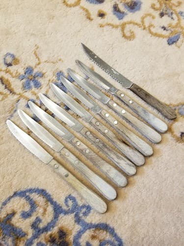 Vtg Set Of 9 STAINLESS STEEL Steak Knives Made In Japan Vintage Lot Wood Handle - Image 1