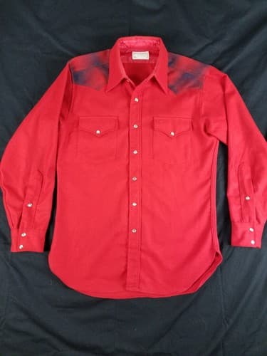 Vintage 70s Pendleton Mens M Wool Button Up Shirt Red Pearl Snap Plaid Western - Image 1