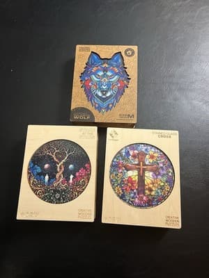 Lot Of 3 Wooden Jigsaw Puzzles Creative Stained Glass Cross Stars Unidragon Wolf - Image 1