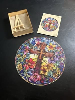 Lot Of 3 Wooden Jigsaw Puzzles Creative Stained Glass Cross Stars Unidragon Wolf - Thumbnail 10
