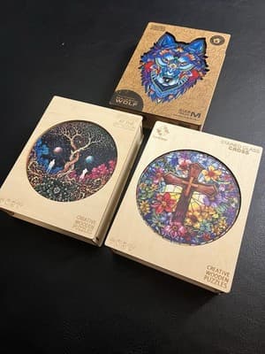 Lot Of 3 Wooden Jigsaw Puzzles Creative Stained Glass Cross Stars Unidragon Wolf - Thumbnail 9