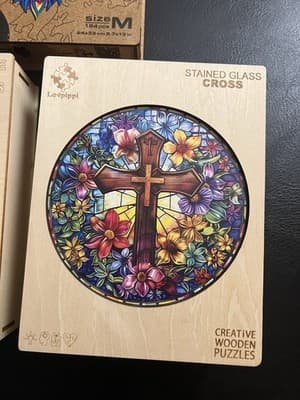 Lot Of 3 Wooden Jigsaw Puzzles Creative Stained Glass Cross Stars Unidragon Wolf - Thumbnail 2
