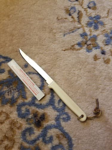Vtg Forgecraft Steak Knife White Handle Leather 4" Serrated Stainless USA Travel - Image 1