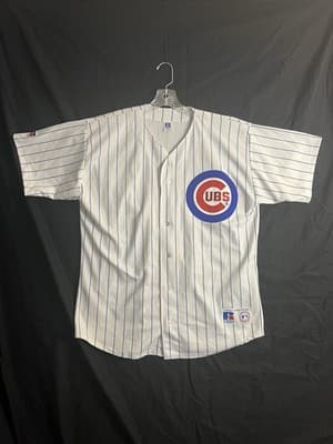 VTG Chicago Cubs Russell Athletic Blank Jersey Mens XL USA Pinstripe Shirt - Image 1