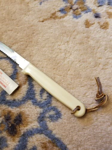 Vtg Forgecraft Steak Knife White Handle Leather 4" Serrated Stainless USA Travel - Thumbnail 2