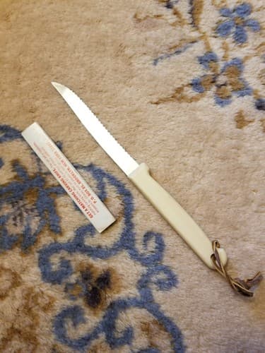 Vtg Forgecraft Steak Knife White Handle Leather 4" Serrated Stainless USA Travel - Thumbnail 5