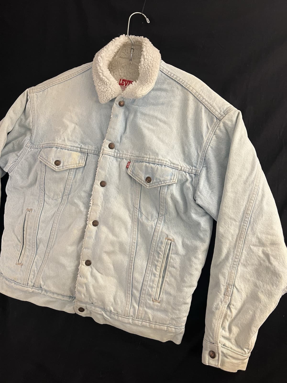 VTG 80s Levis Denim Jean Jacket Mens M Sherpa Lined USA Light Wash Trucker - Thumbnail 2