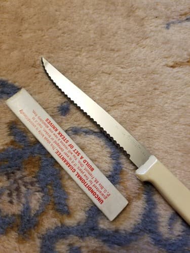 Vtg Forgecraft Steak Knife White Handle Leather 4" Serrated Stainless USA Travel - Thumbnail 3