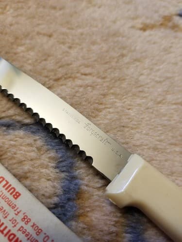 Vtg Forgecraft Steak Knife White Handle Leather 4" Serrated Stainless USA Travel - Thumbnail 4
