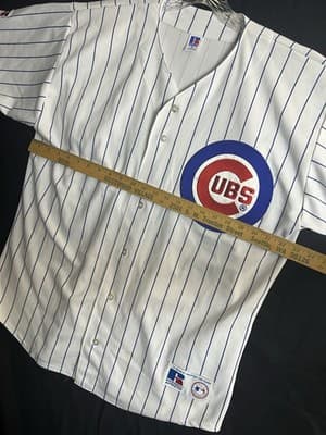 VTG Chicago Cubs Russell Athletic Blank Jersey Mens XL USA Pinstripe Shirt - Thumbnail 9
