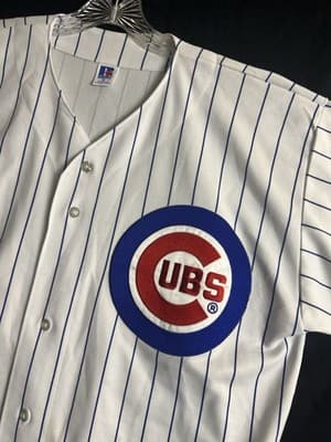 VTG Chicago Cubs Russell Athletic Blank Jersey Mens XL USA Pinstripe Shirt - Thumbnail 4