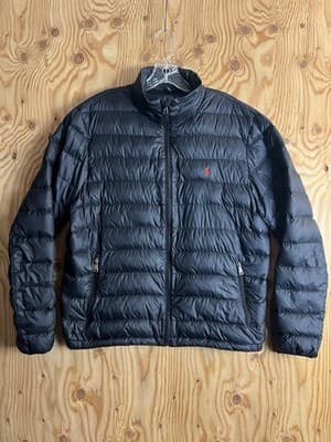 Polo Ralph Lauren Puffer Jacket Mens L Black Red Pony Full Zip Quilted Down - Image 1