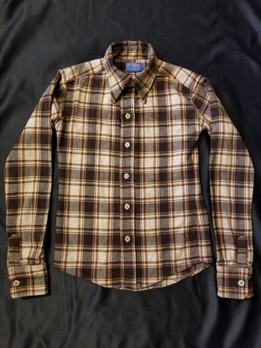 Pendleton Vintage 50s 60s Hand Tailored Wool Plaid Flannel Shirt Brown Custom S - Image 1