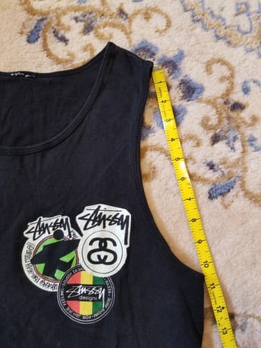 Vtg Stussy Surfman Tank Top Mens Size M Front Back logo Rasta Jah Black Shirt - Thumbnail 9