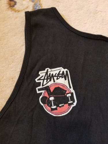 Vtg Stussy Surfman Tank Top Mens Size M Front Back logo Rasta Jah Black Shirt - Thumbnail 4