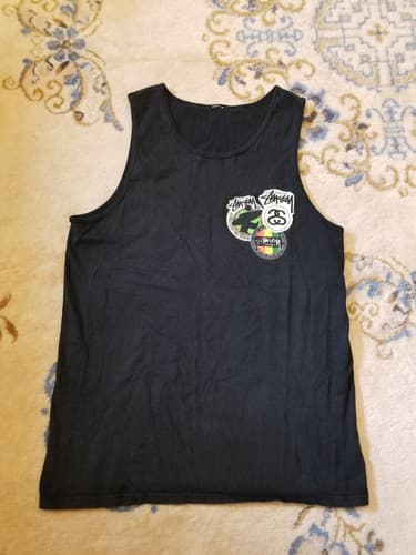 Vtg Stussy Surfman Tank Top Mens Size M Front Back logo Rasta Jah Black Shirt - Image 1