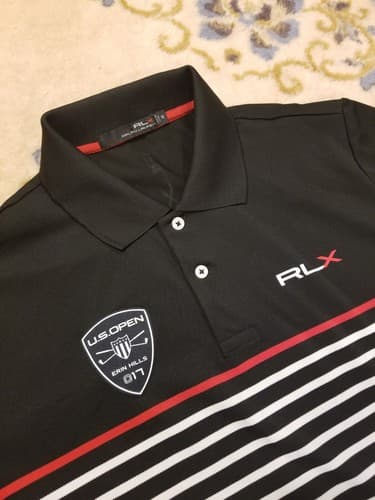RLX Ralph Lauren Polo Shirt Mens M Black Stripe US Open Erin Hills Golf Rugby - Thumbnail 3