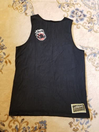 Vtg Stussy Surfman Tank Top Mens Size M Front Back logo Rasta Jah Black Shirt - Thumbnail 3