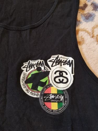 Vtg Stussy Surfman Tank Top Mens Size M Front Back logo Rasta Jah Black Shirt - Thumbnail 2