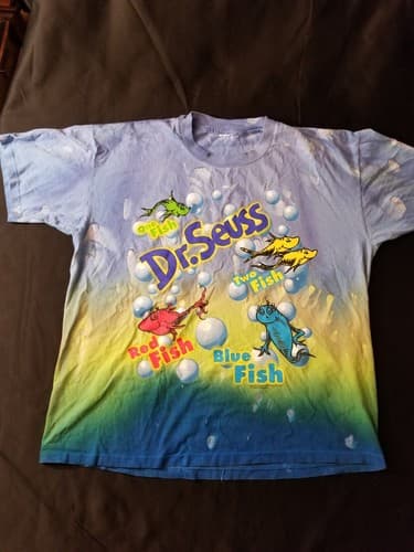 Vtg DR SUESS 1997 TWO FISH RED FISH BLUE FISH TYE DYE T SHIRT SIZE XL - Image 1