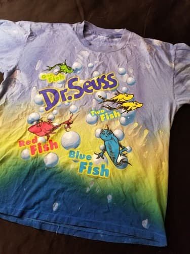 Vtg DR SUESS 1997 TWO FISH RED FISH BLUE FISH TYE DYE T SHIRT SIZE XL - Thumbnail 2