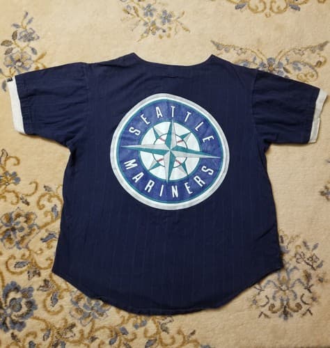 Vtg 90 Seattle Mariners Big Logo T-shirt Mens L Baseball MLB SALEM Button Jersey - Image 1