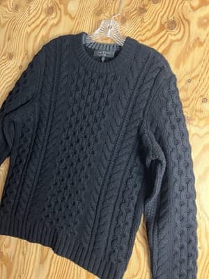 Rag & Bone Mens L Pullover Black Crew Merino Wool Sweater Cable Thick Chunky - Thumbnail 2