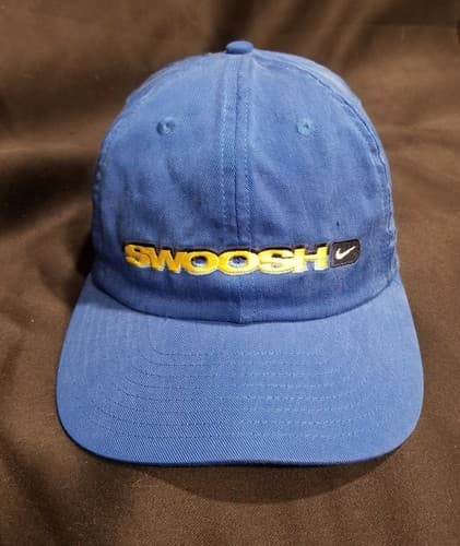 VTG 90s Nike SWOOSH Script Strapback Spellout Hat Cap Blue Cap Adjustable Rayon - Image 1