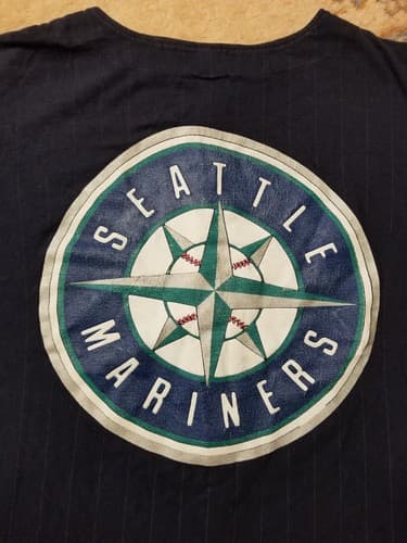Vtg 90 Seattle Mariners Big Logo T-shirt Mens L Baseball MLB SALEM Button Jersey - Thumbnail 8