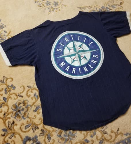Vtg 90 Seattle Mariners Big Logo T-shirt Mens L Baseball MLB SALEM Button Jersey - Thumbnail 7