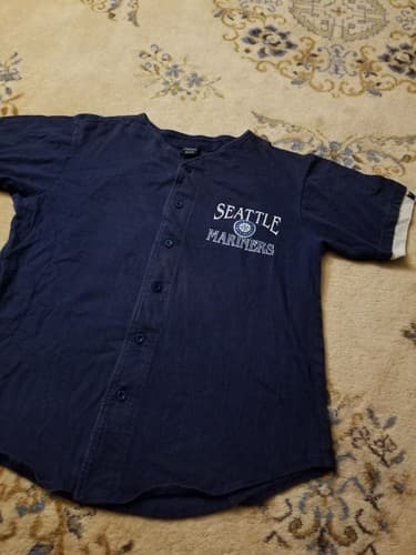 Vtg 90 Seattle Mariners Big Logo T-shirt Mens L Baseball MLB SALEM Button Jersey - Thumbnail 3
